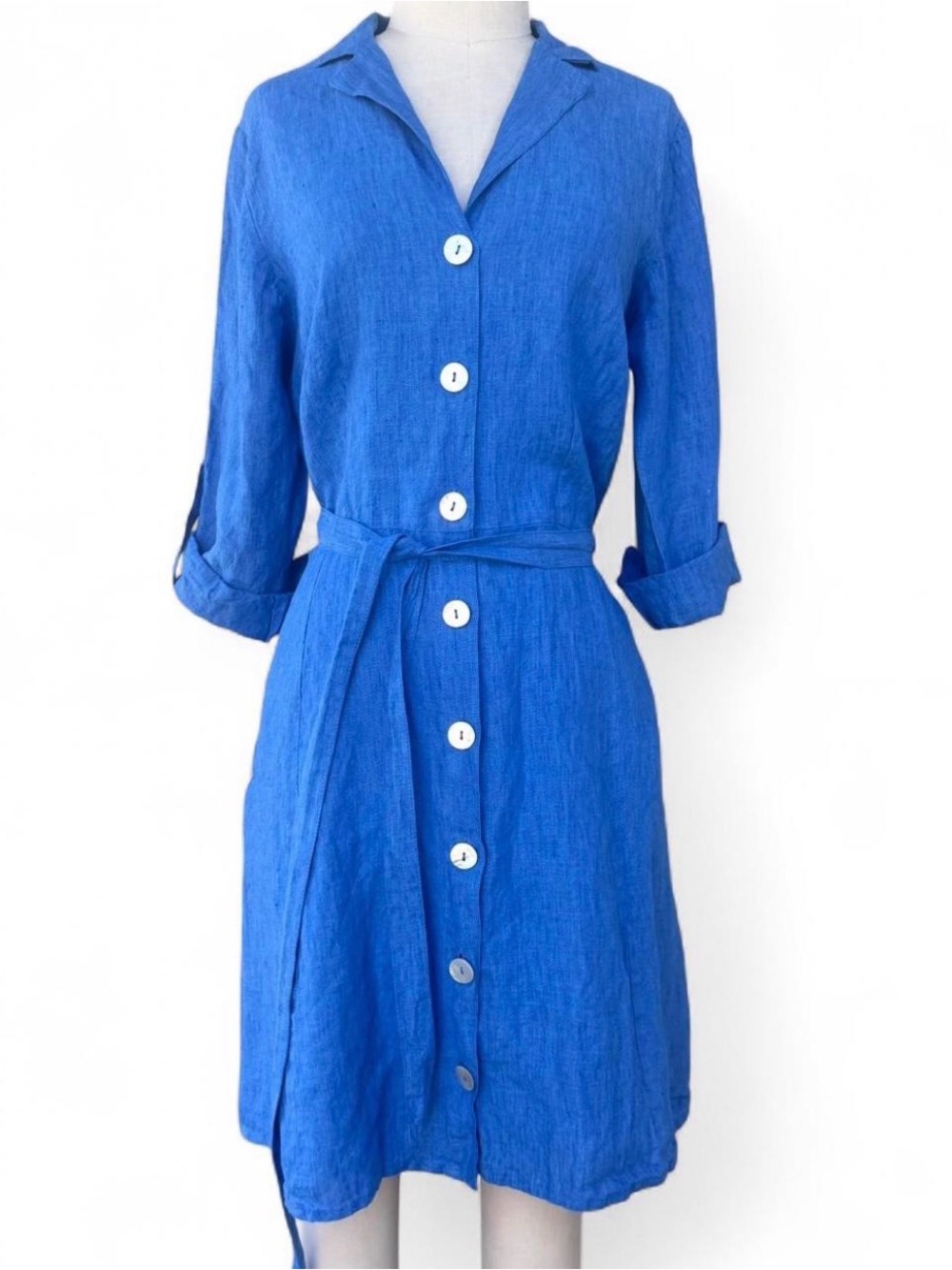Mogador Anacapri 100% linen blue dress made in Italy 3/4 sleeve button up front